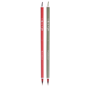 Fuumuui handcrafted red goat hair watercolor brushes with red and green handles.