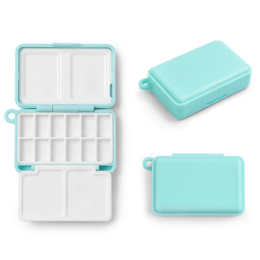 Fuumuui Portable Blue 12-Grid Watercolor Palette Box for Fuumuui Art Supplies, featuring a lid and 4 mixing areas, displayed open and closed.