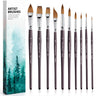 Fuumuui Professional 10-piece sable paint brush set with variety shapes including flats, extended needle point, dagger, cat's tongue, and rounds, perfect for watercolor, acrylic, gouache, and inks, by Fuumuui Art Supplies.