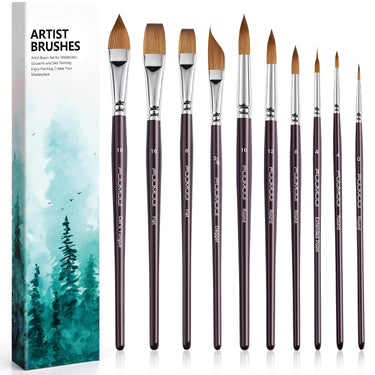 Fuumuui Professional 10-piece sable paint brush set with variety shapes including flats, extended needle point, dagger, cat's tongue, and rounds, perfect for watercolor, acrylic, gouache, and inks, by Fuumuui Art Supplies.