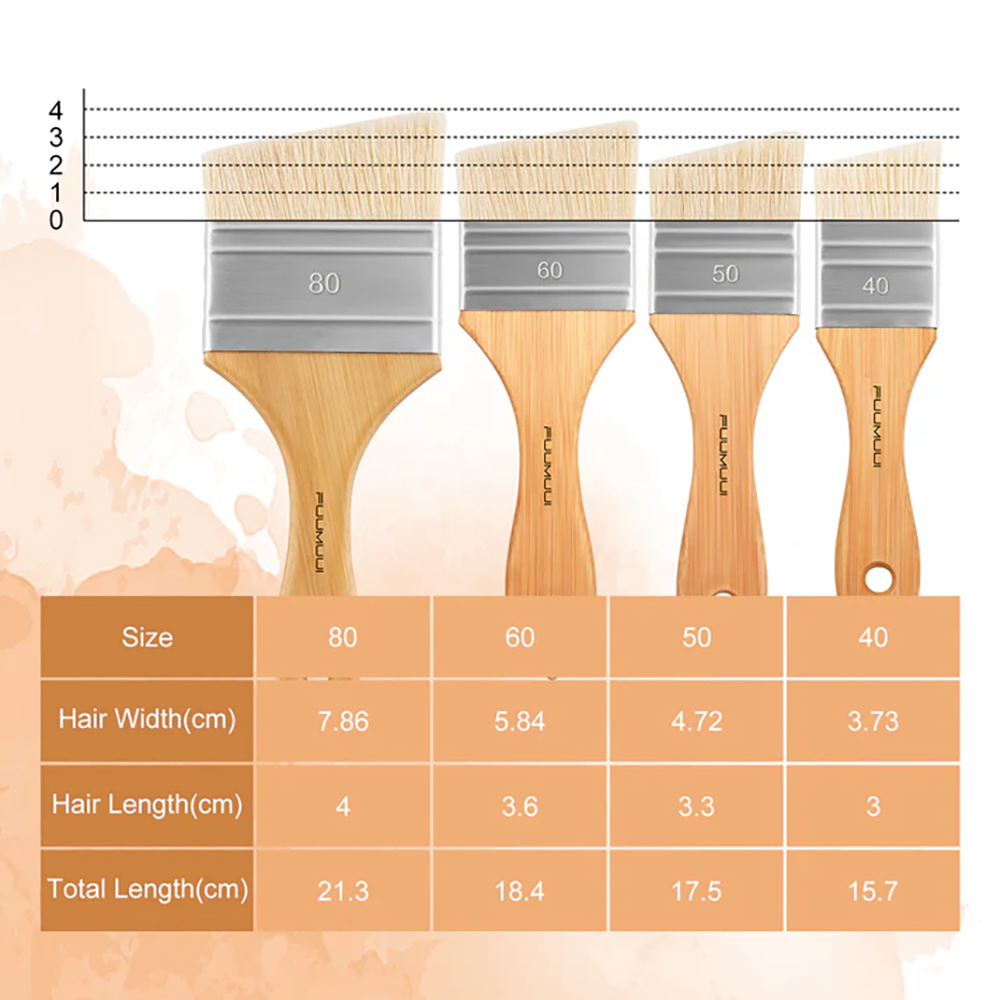 Fuumuui professional bristle oil brush size chart, listing the dimensions of each brush for precise and controlled large-area painting.