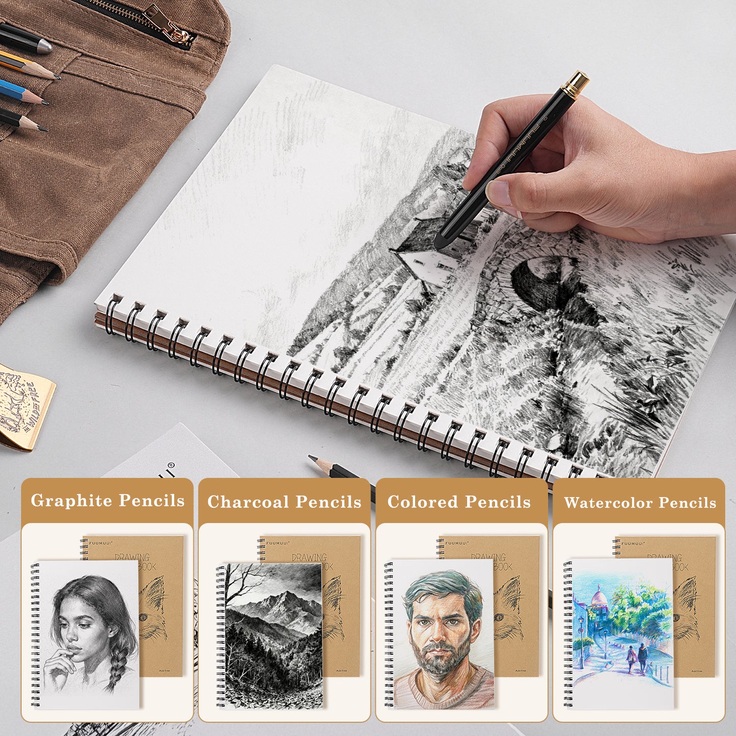 FUUMUUI A4 Spiral Sketchbook – 180° Lay-Flat, Acid-Free Paper for Graphite, Charcoal, Colored & Watercolor Pencils