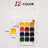 Compact 12-color Travel Palette for watercolor paint set. Clear acrylic portable palette featuring 1.6cm x 1.6cm square pans with vibrant pigment, ideal for professional artists and beginners on the go.