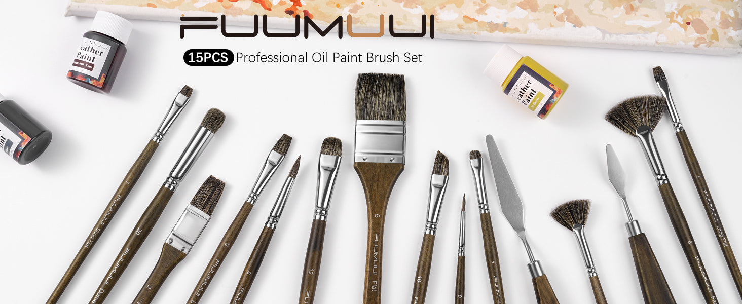 Fuumuui 15PCS Professional Oil Paint Brush Set with natural bristle hair. Includes fan, flat, and filbert brushes, a palette knife, and oil paint bottles for professional artists and beginners.