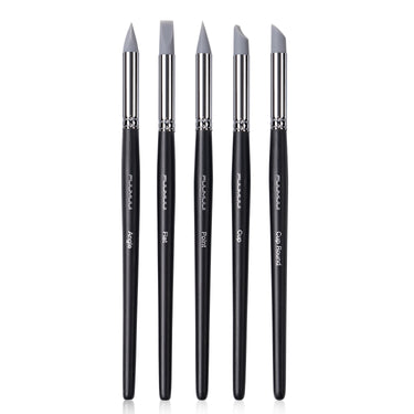 Fuumuui Art 5-piece silicone paint brush set for masking fluid, oil paint, and acrylic paint. Includes Angle, Flat, Point, Cup, and Cup Round shaper tools for professional artists and beginners.
