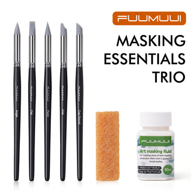 Fuumuui Art Masking Essentials Trio featuring 80ml Art Masking Fluid watercolor medium, a rubber pickup tool, and 5 silicone tip brushes (Angle, Flat, Point, Cup, Cup Round) for professional artists and beginners.