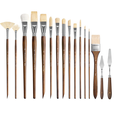 Fuumuui 16-piece hog bristle paint brush set for oil and acrylic painting lined up with palette knives.
