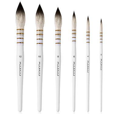 Fuumuui 6pcs Professional Watercolor Brushes with white handles in various sizes