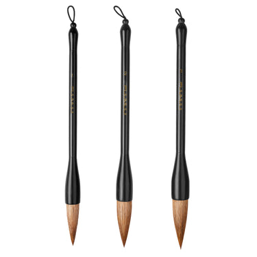 Fuumuui professional large-size calligraphy brush set of 3 with black handles and natural hair bristles, suitable for watercolor and ink painting.