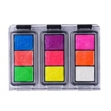 Fuumuui 9-Color Watercolor Powder Set in a clear, travel-friendly case. Features nine high water solubility watercolor pans including vibrant blue, red, green, purple, pink, yellow, orange, and white, ideal for illustration and journaling art supplies.