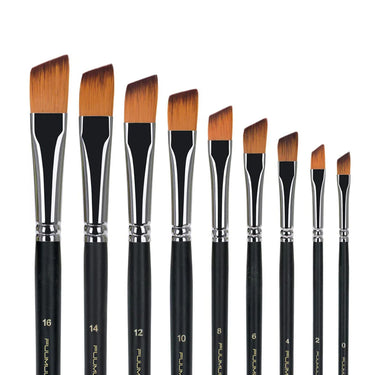 Fuumuui Ensemble de 9 pinceaux coudés professionnels en nylon pour peinture acrylique, affichant les tailles 0-16.