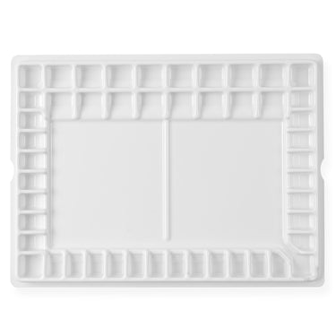 White Fuumuui Professional 47-Well Watercolor Palette made from non-stick plastic, showing the brush holder and slanted spill-proof wells for art supplies.
