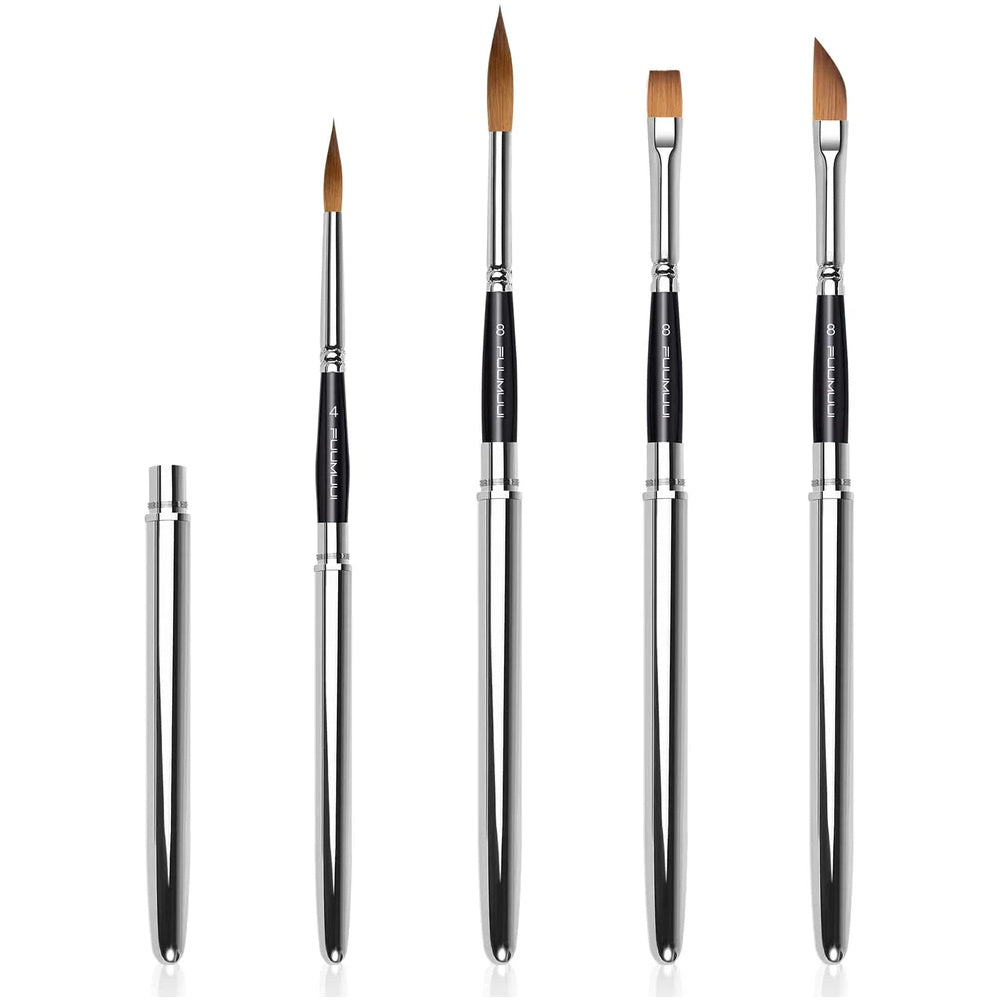 A set of four Fuumuui professional sable travel brushes in round, flat, and dagger shapes with a metal protective cap.