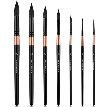 Ensemble de 7 pinceaux aquarelle professionnels en martre Fuumuui avec manches noirs, viroles en cuivre et pointes assorties.