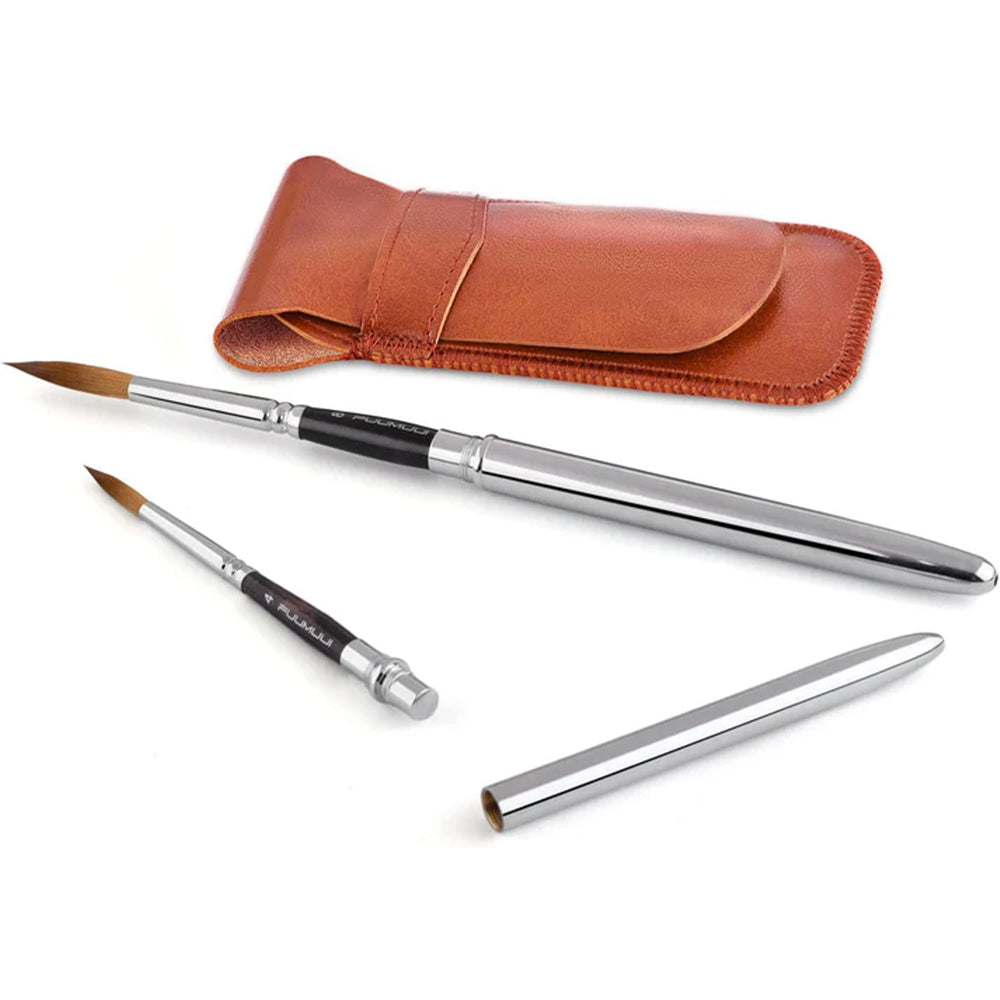 A Fuumuui 4-piece sable travel brush set with its portable leather pouch, and how the brushes can be disassembled.