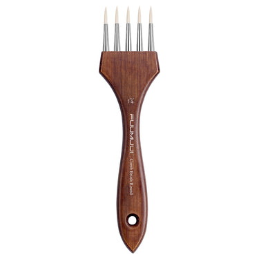 Fuumuui 1 1/4 inch Comb Brush Round with five white Synthetic Nylon tips and a wooden handle. Specialized Watercolor Brush or Acrylic Paint Brush for texture effects for professional artists and beginners.