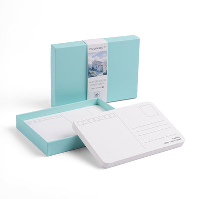 Fuumuui 100% Cotton Cold-Pressed Watercolor Postcards, 300g, displayed in their open light blue box, from Fuumuui art supplies collection.