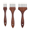 Set of 3 FUUMUUI Comb Brush Flat texture brushes in sizes 3/4 inch, 1 1/4 inch, and 1 5/8 inch. White synthetic nylon rake brushes for acrylic, oil, and watercolor painting with dark wood handles.