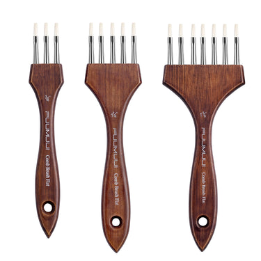 Set of 3 FUUMUUI Comb Brush Flat texture brushes in sizes 3/4 inch, 1 1/4 inch, and 1 5/8 inch. White synthetic nylon rake brushes for acrylic, oil, and watercolor painting with dark wood handles.