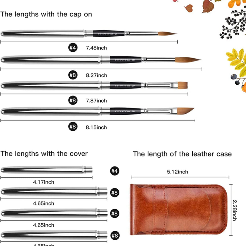 A size guide for the Fuumuui 4-piece sable travel brush set, with compact and extended length measurements for each brush.