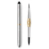 Fuumuui dual-ended Travel Watercolor Brush featuring a Size 1 Detail Brush and Size 10 Round Brush with black Synthetic Nylon hair in a metallic silver and gold Travel Pocket Brush case for professional artists.