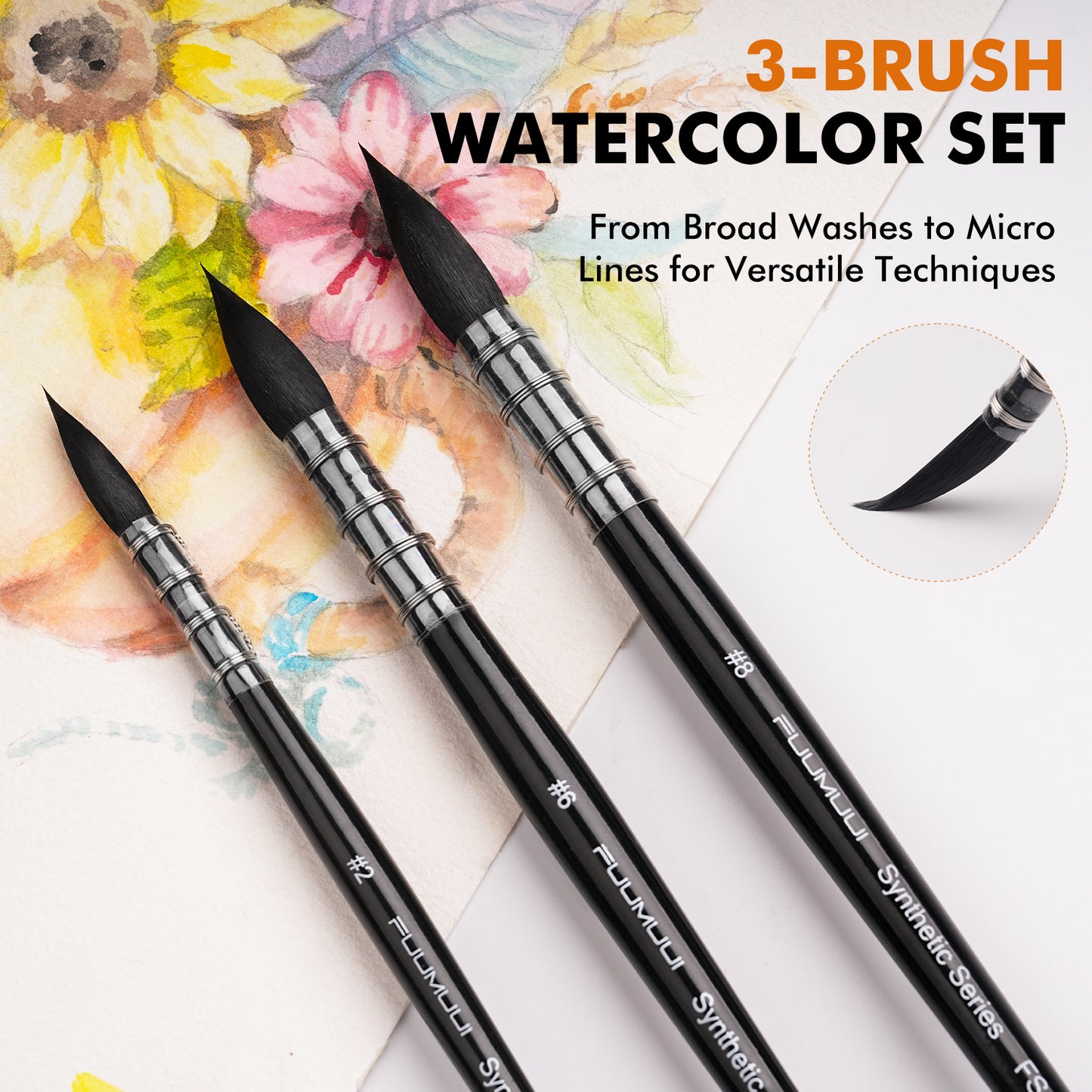 Fuumuui 3pcs Watercolor Brush Set – Premium Synthetic Squirrel Hair for Smooth Color Flow and Precision Control