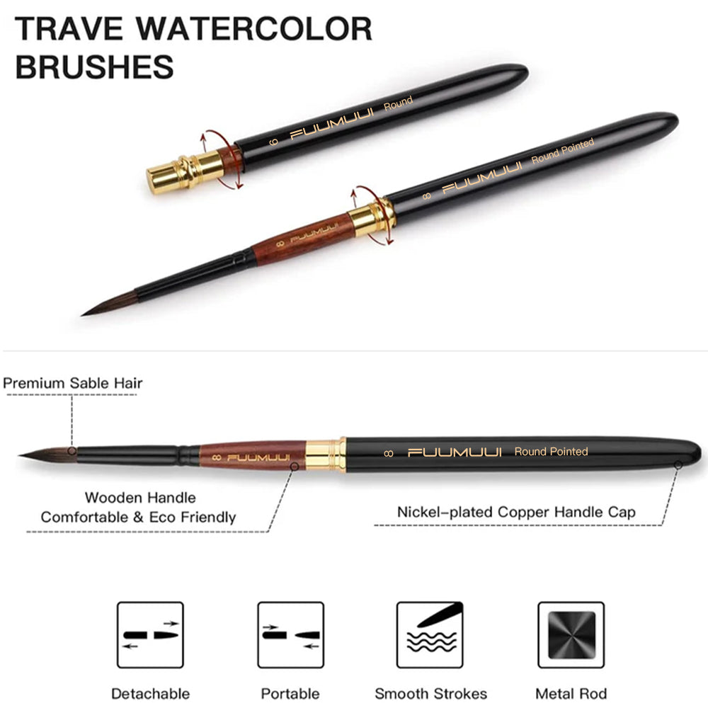 Fuumuui travel watercolor brushes disassembled, premium squirrel hair, comfortable wooden handle, and a detachable design for easy travel.