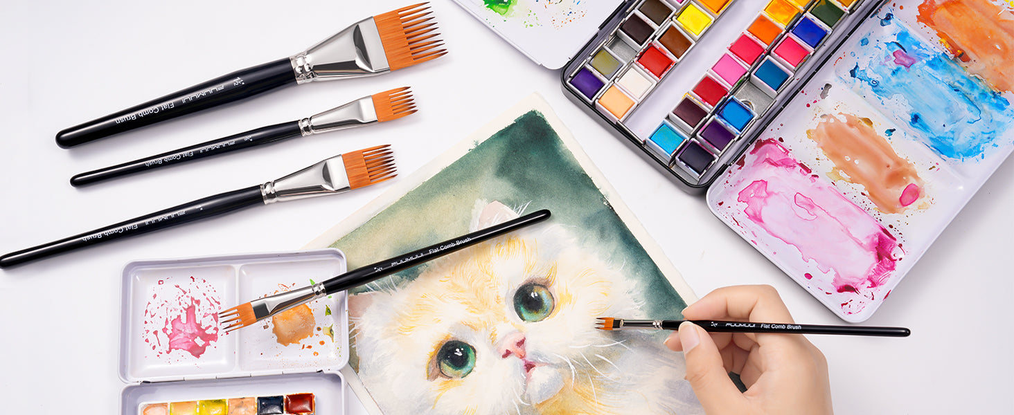 Fuumuui Flat Comb Watercolor Brush set with synthetic nylon bristles for painting fur textures. Professional watercolor paint set, metal travel palette, and 140lb cold press paper for professional artists and beginners.