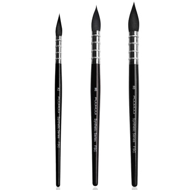 Fuumuui 3pcs watercolor brush set featuring premium synthetic squirrel hair brushes in sizes #2, #6, #8, with black handles and silver ferrules, for smooth color flow and precision control.
