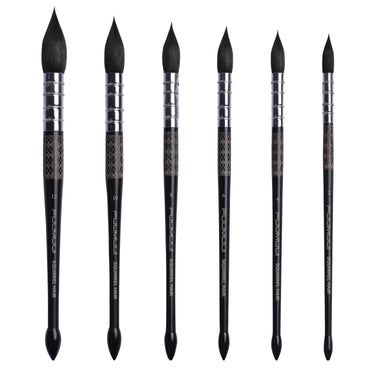 Set di pennelli professionali per acquerello Fuumuui da 6 pezzi con manici neri stampati, ghiere argentate e setole di scoiattolo per materiali artistici. <alt>Set di pennelli per acquerello Fuumuui: setole di scoiattolo e manici neri</alt>