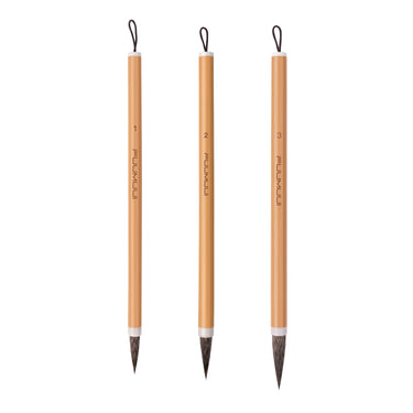 Fuumuui professional calligraphy brushes, a set of three handmade high-quality animal hair art supplies with natural wood handles and hanging loops.