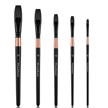 Fuumuui 5pcs professional flat watercolor brush set with black handles, copper ferrules, in sizes 20, 18, 14, 10, and 6.