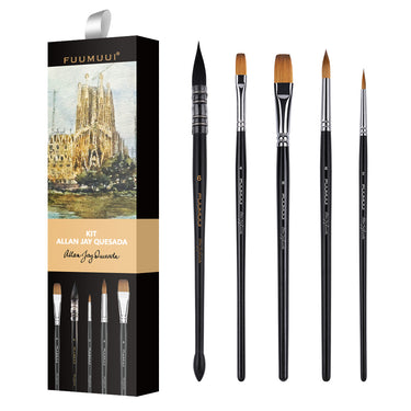 Ensemble de pinceaux de mélange aquarelle professionnels Fuumuui & Allan Jay Quesada avec un emballage élégant et cinq pinceaux d'artiste de haute qualité de différentes formes : rond, plat et détail.
