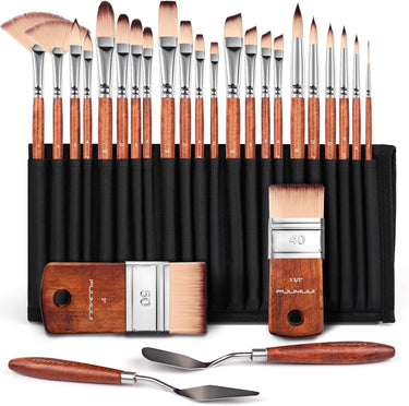 Ensemble de pinceaux acryliques en nylon professionnel 26 pièces Fuumuui avec des formes de pinceaux assorties, deux grands pinceaux de lavis et deux couteaux à palette d'artiste, présentés dans un étui enroulable noir.