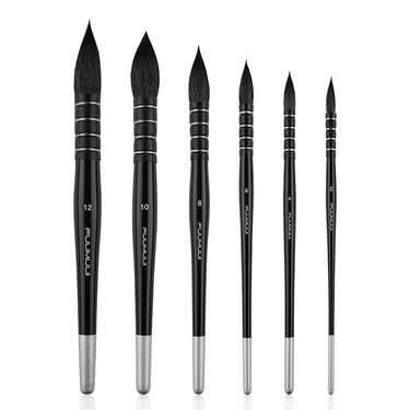 Fuumuui 6pcs Professional Squirrel Hair Mop Watercolor Brushes set, featuring black handles, silver ferrules, and natural pointed tips, displayed in a range of sizes.