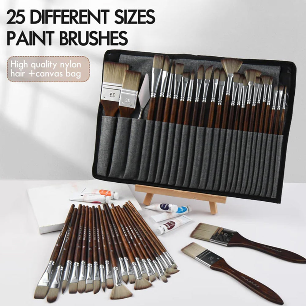 Fuumuui 25pcs professional nylon hair paint brush set with a canvas bag, palette, and different size brushes for artists.