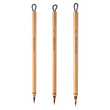 Ensemble de 3 pinceaux aquarelle Fuumuui avec manches en bambou naturel, mélange de poils de belette et de lapin, pointes courtes pour la précision et le contrôle, avec boucles de suspension.