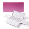 Fuumuui airtight paint palette tray in metallic pink, shown both closed and open, revealing 28 empty wells and foldable mixing trays for watercolor, gouache, and acrylic art supplies.