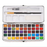 Fuumuui 50-color portable watercolor set with water brush, flat brush, and sponge, open in a metal tin, ideal art supplies for versatile painting anywhere.