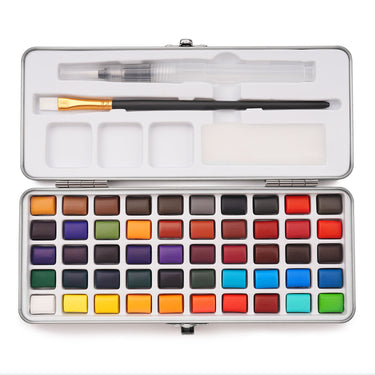 Fuumuui 50-color portable watercolor set with water brush, flat brush, and sponge, open in a metal tin, ideal art supplies for versatile painting anywhere.