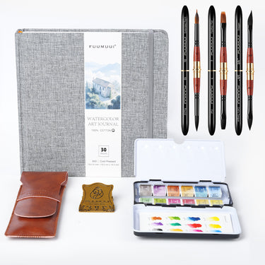 Watercolor Art Journal with 100% Cotton 140lb/300gsm Cold Pressed paper, squirrel hair travel watercolor brush set with Round and Dagger tips, watercolor paint set in a travel palette, and leather pouch for artists.