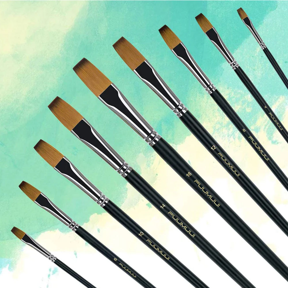 Fuumuui 9pcs Professional Nylon Hair Acrylic Brushes - Flat