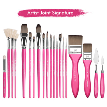 Ensemble de pinceaux de mélange acrylique professionnels Fuumuui & Samantha Anderson avec des manches roses, comprenant divers pinceaux plats, éventails, ronds et de détail, ainsi que deux couteaux à palette pour les fournitures d'art.