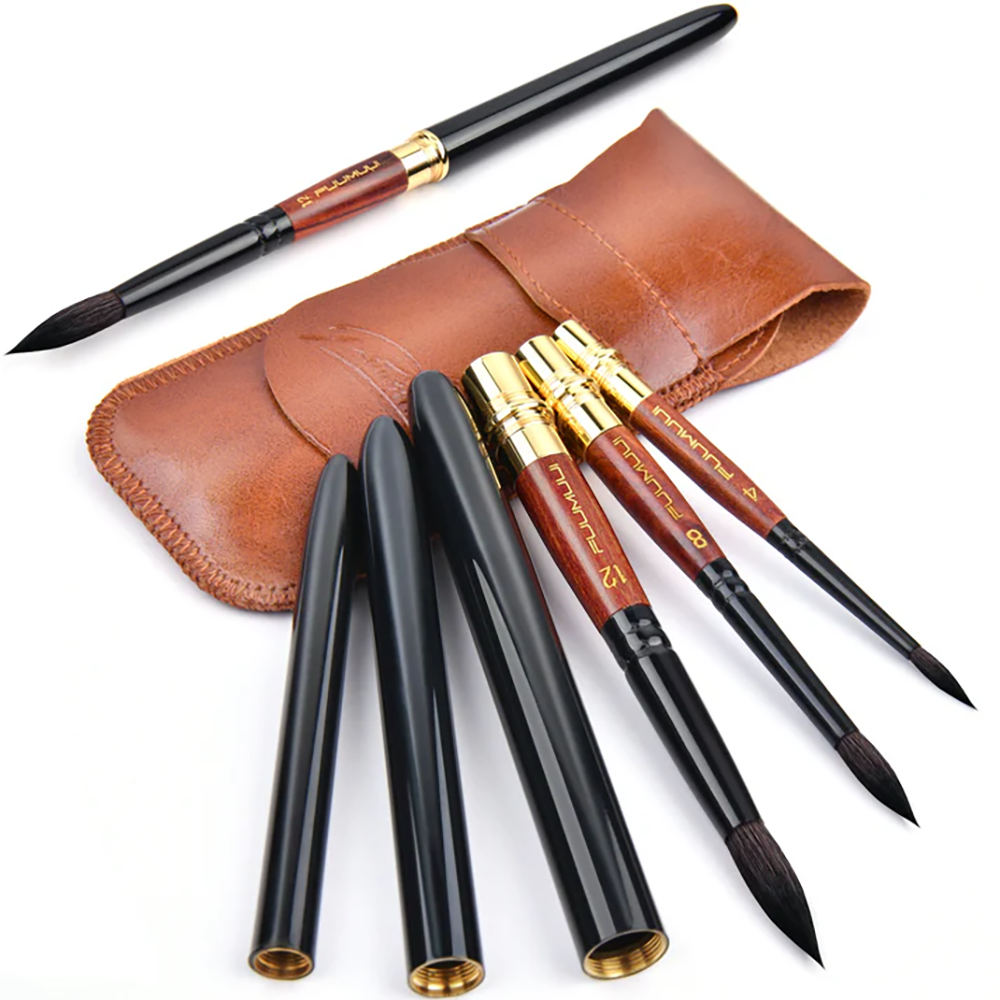 A Fuumuui 3-piece squirrel hair watercolor travel brush set, shown with their caps removed and a portable leather case.