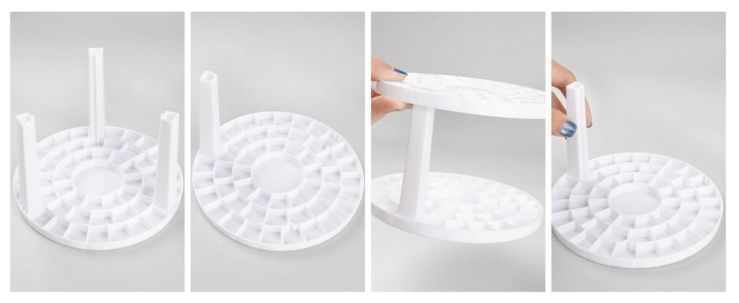 Four-step assembly of a white circular Plastic Palette and tool organizer for Watercolor Paint and Acrylic Paint; a practical tool for professional artists and beginners for use as a paint brush cleaner accessory.