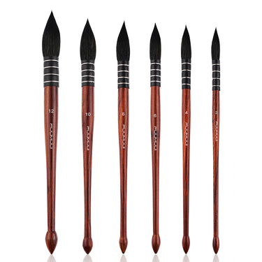 Fuumuui 6pcs Professional Watercolor Brushes set featuring dark, pointed bristles, wooden handles, and metal ferrules in sizes 12, 10, 8, 6, 4, 2.
