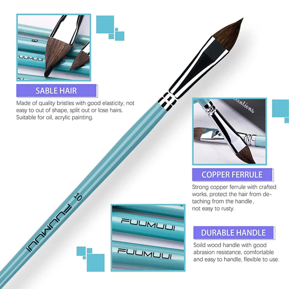 Fuumuui professional paint brush with high-quality sable hair, durable wooden handle, and a strong copper ferrule for acrylic and oil painting.
