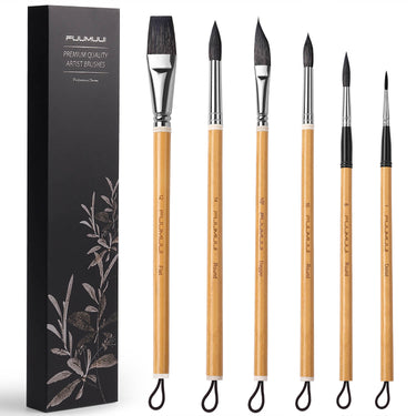 Fuumuui 6Pcs Professional Squirrel Sable Hair Bamboo Paint Brushes with Dagger, Flat, Round, Detail tips for Watercolor, Acrylic, Gouache Painting, shown with premium black packaging.