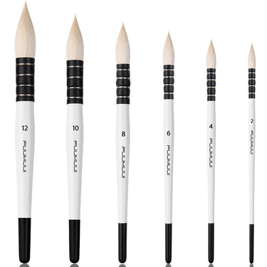 Ensemble de 6 pinceaux aquarelle professionnels Fuumuui avec pointes effilées et manches blancs.