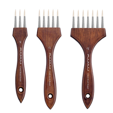 Fuumuui Comb Brush Round set in sizes 3/4", 1 1/4", and 1 5/8". White synthetic nylon bristles for watercolor, acrylic, and oil paint. Professional artist rake brushes for texture with dark wood handles.